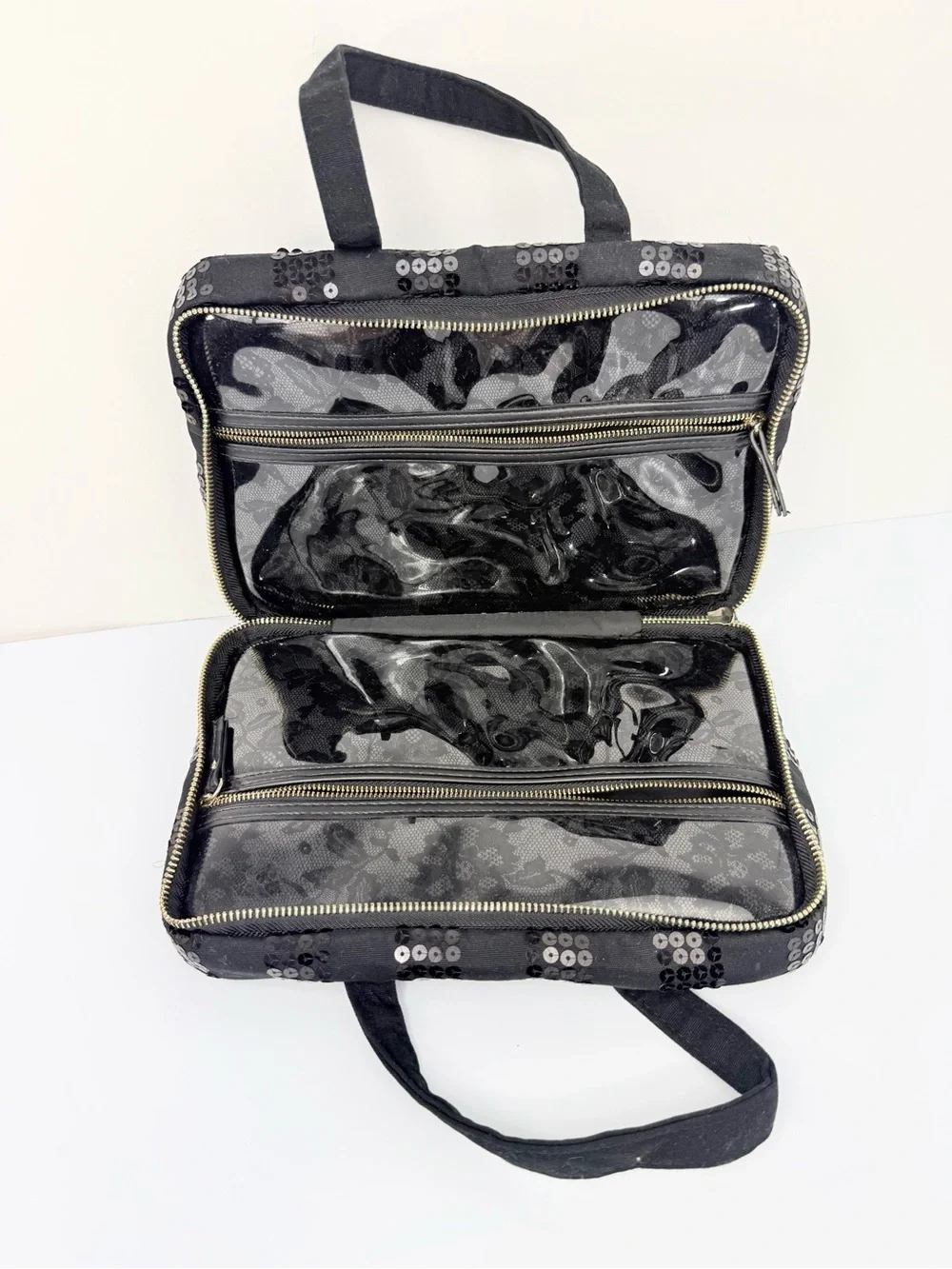 Victoria's Secret Black Canvas Sequin Stripe Double Handle Zip Toiletry Bag